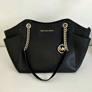 Michael Kors Jet Set Travel Large Saffiano Black Leather Chain Tote Shoulder Bag